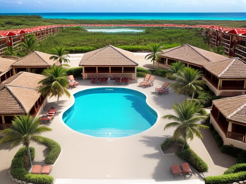 Upscale tropical resort with pool and ocean views