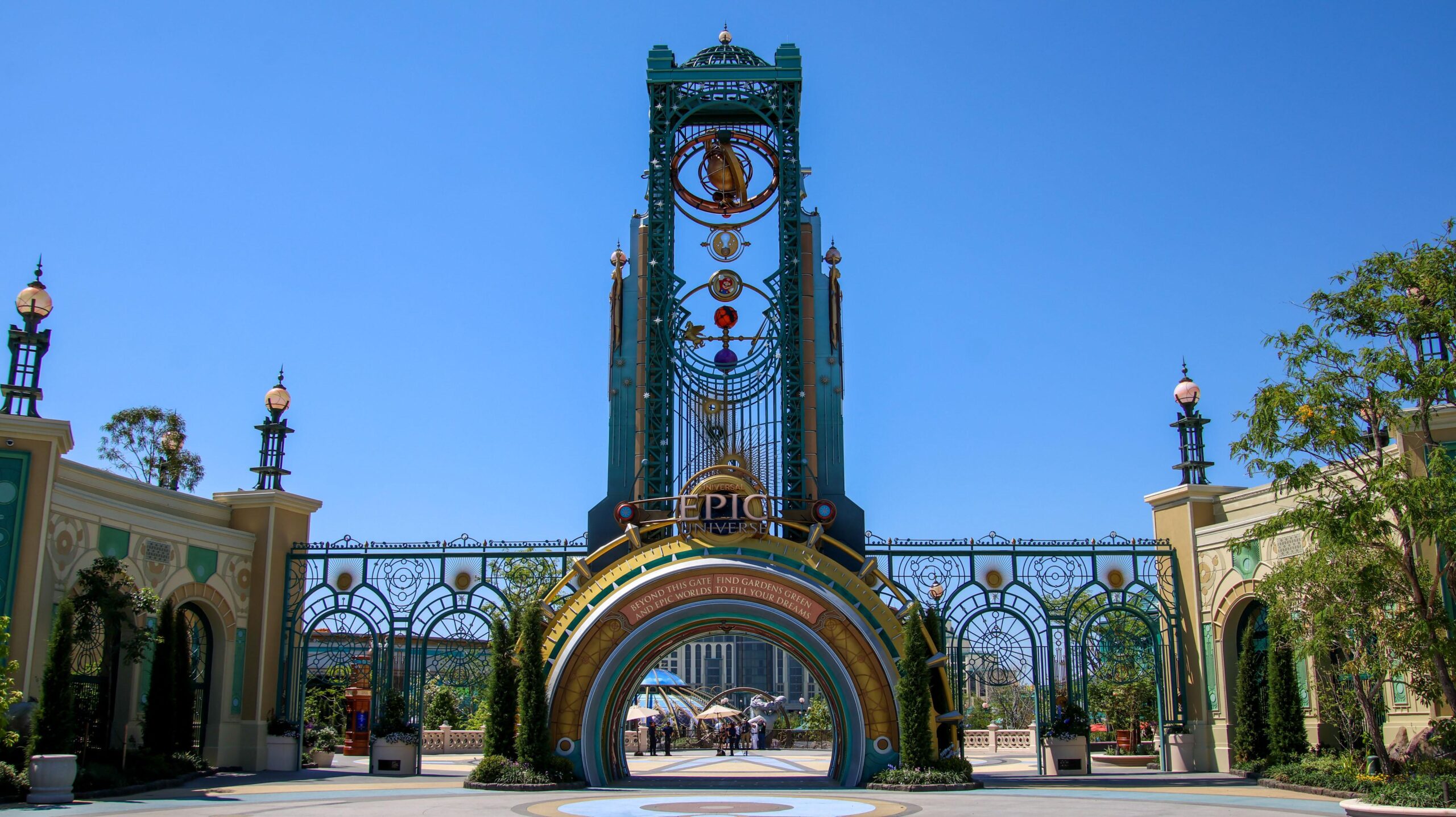 Family entering a richly themed destination